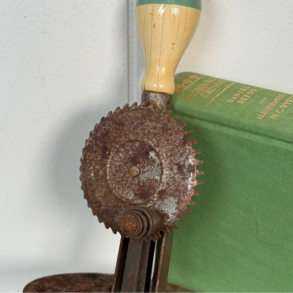 Antique (Green & Cream) A&J Kitchen Egg Beater Wood Handle Farmhouse Decor